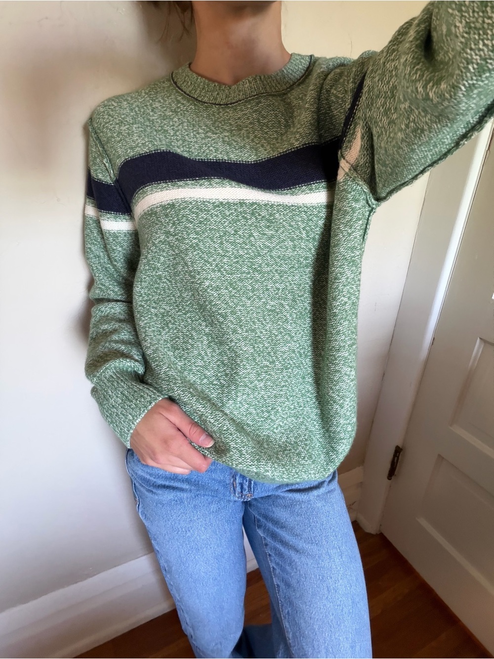 BDG/Urban Outfitters green sweater with navy and white stripes, size small.